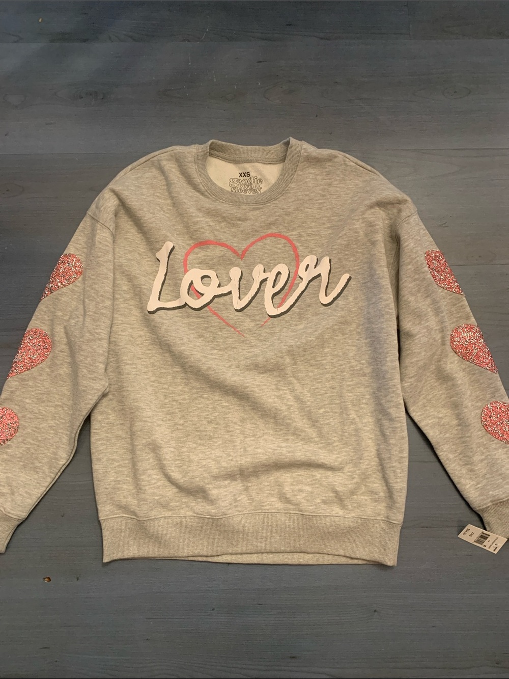 Gray "Lover" Heart Sweatshirt with Pink Glitter Hearts